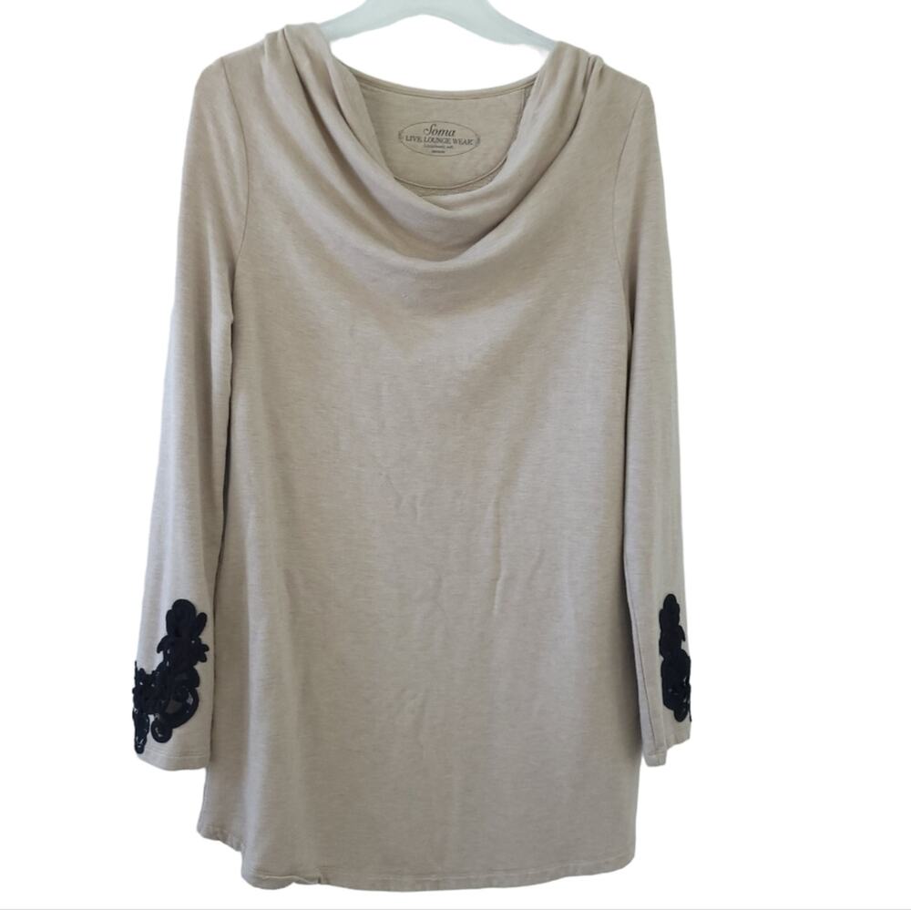 Soma Pajamas Gown Medium Tan Long Sleeve Sleep Dress, Very Soft, Fleece Lined